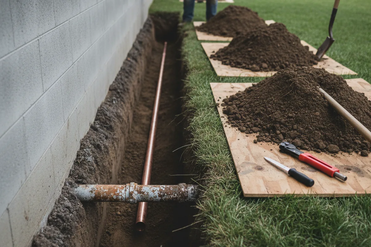Excavated water line trench during Water Softener Installation in White Plains